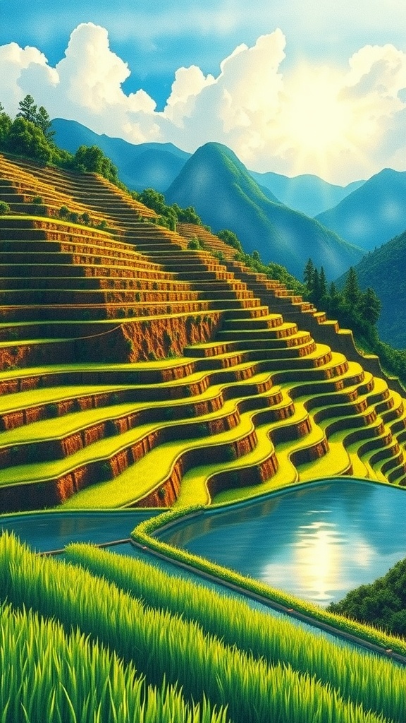 A landscape drawing of rice terraces with lush greenery and water reflections under a clear sky.